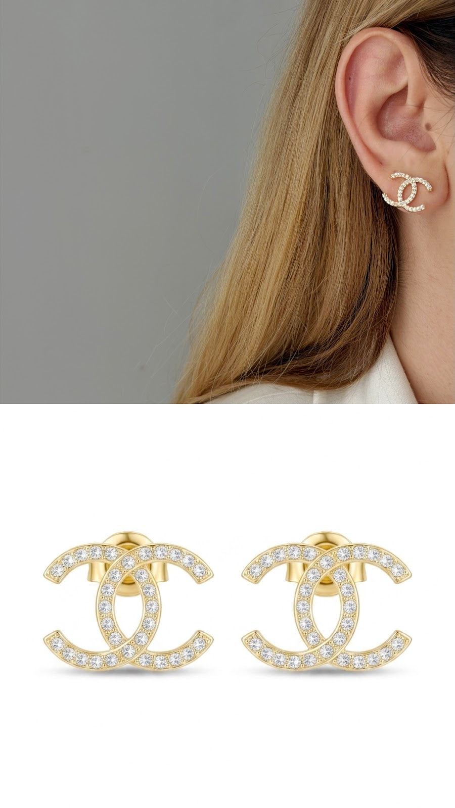18K Gold Plated Stainless Steel Pave CZ Interlocking C Logo Stud Earrings Wholesale - CW1VPEARNG00336 | Wholesale Stainless Steel Jewelry Catwalk Jewellery Europe