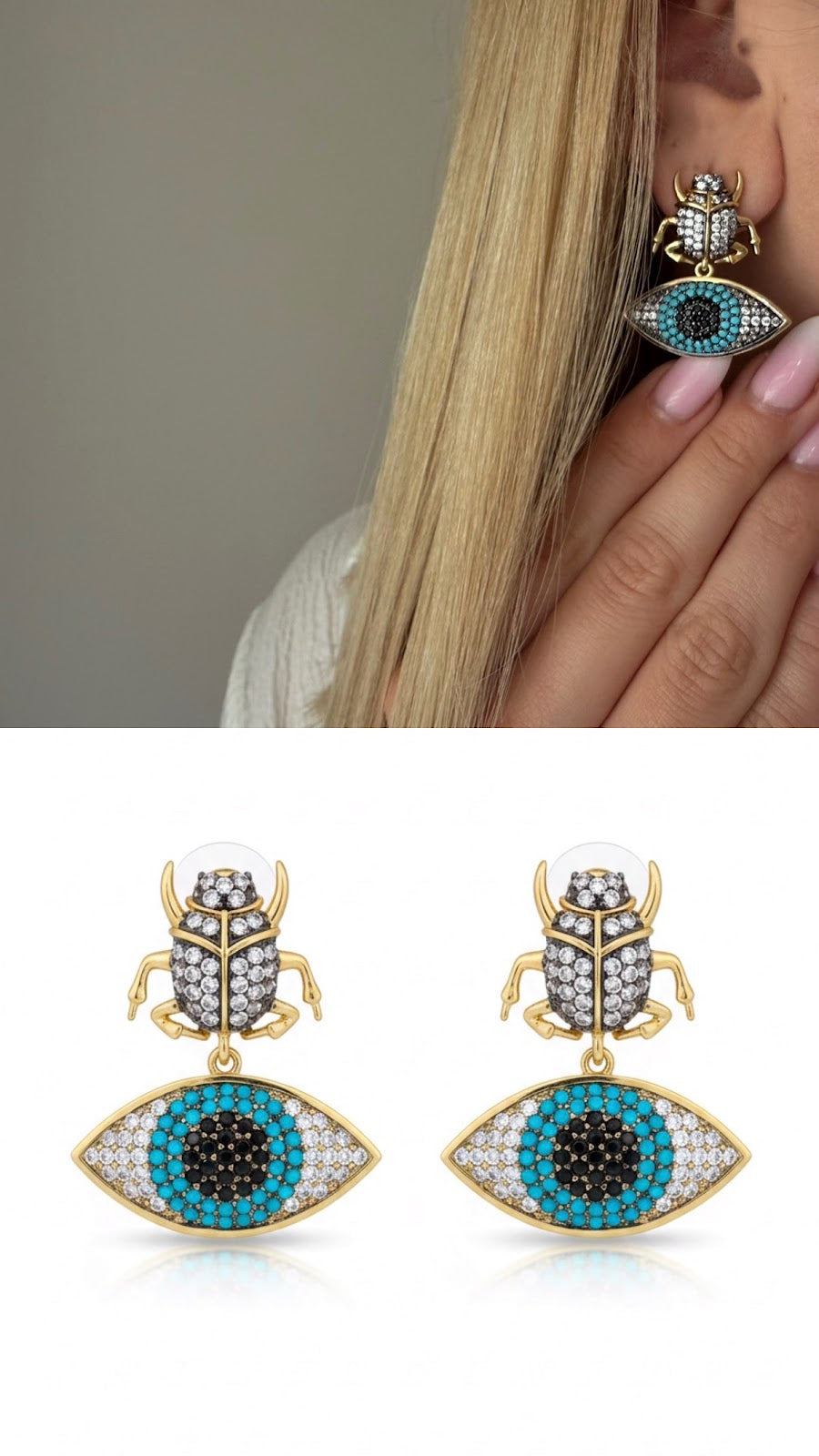 Gold Sculptural Scarab Beetle Turquoise CZ Pave Evil Eye Dangle Statement Earrings - CW1VPEARNG00318 | Wholesale Stainless Steel Jewelry Catwalk Jewellery Europe