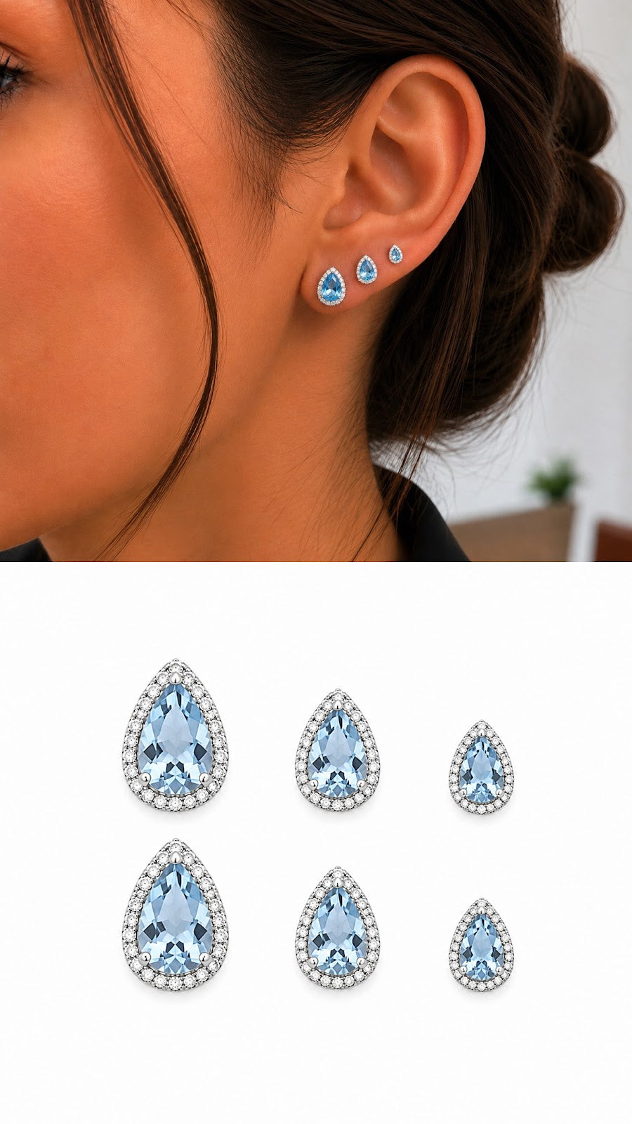 Silver Aquamarine Blue Pear Cut CZ Halo Graduated Stud Earring Set Of 3 - CW1VPEARNG00284 | Wholesale Stainless Steel Jewelry Catwalk Jewellery Europe