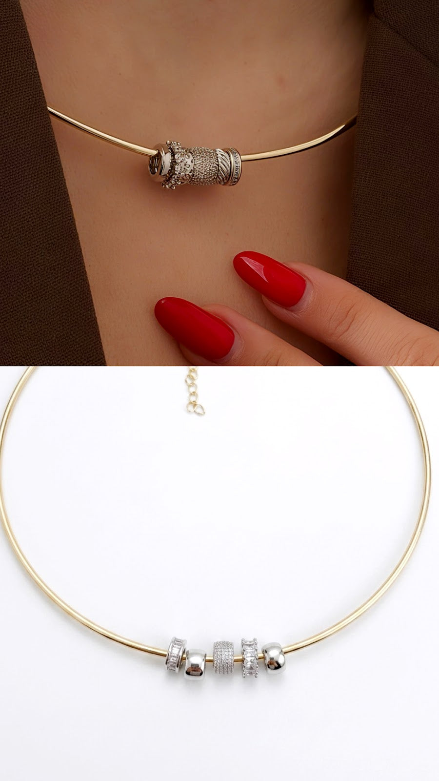 Two Tone CZ Pave Textured Slider Beads Torque Choker Collar Necklace - CW1NKL0095 | Wholesale Stainless Steel Jewelry Catwalk Jewellery Europe