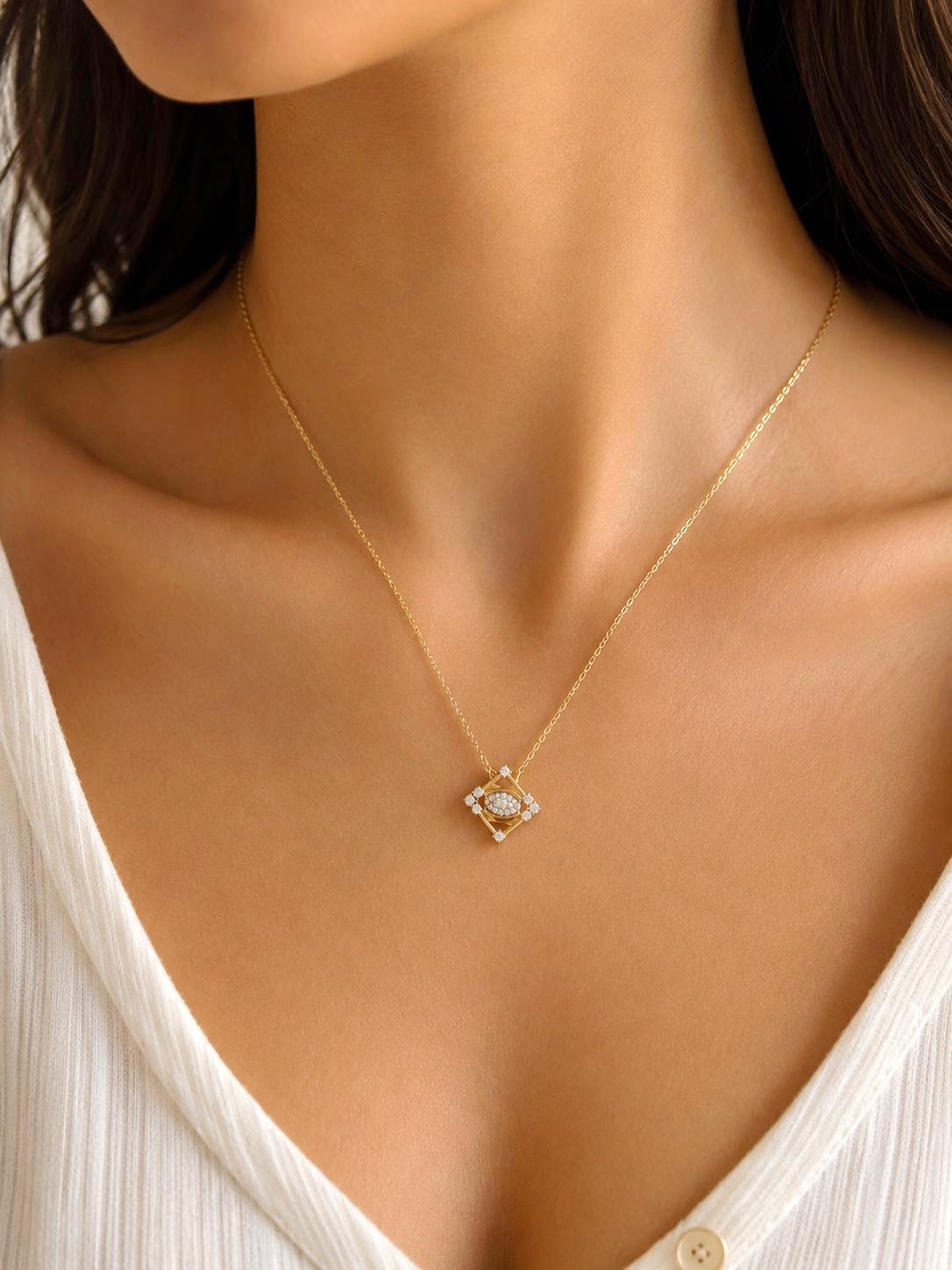Gold CZ Pave Diamond Rhombus Evil Eye Pendant Necklace - CW1NKL009 | Wholesale Stainless Steel Jewelry Catwalk Jewellery Europe