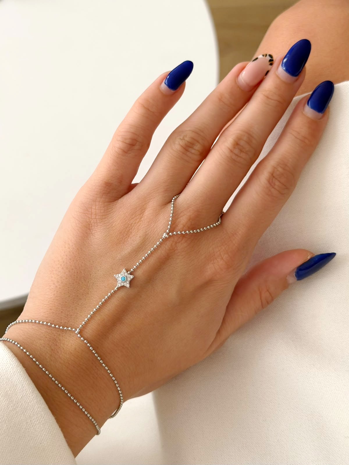 Silver CZ Pave Star Turquoise Beaded Chain Hand Chain - CW1HANDCHAIN0051 | Wholesale Stainless Steel Jewelry Catwalk Jewellery Europe