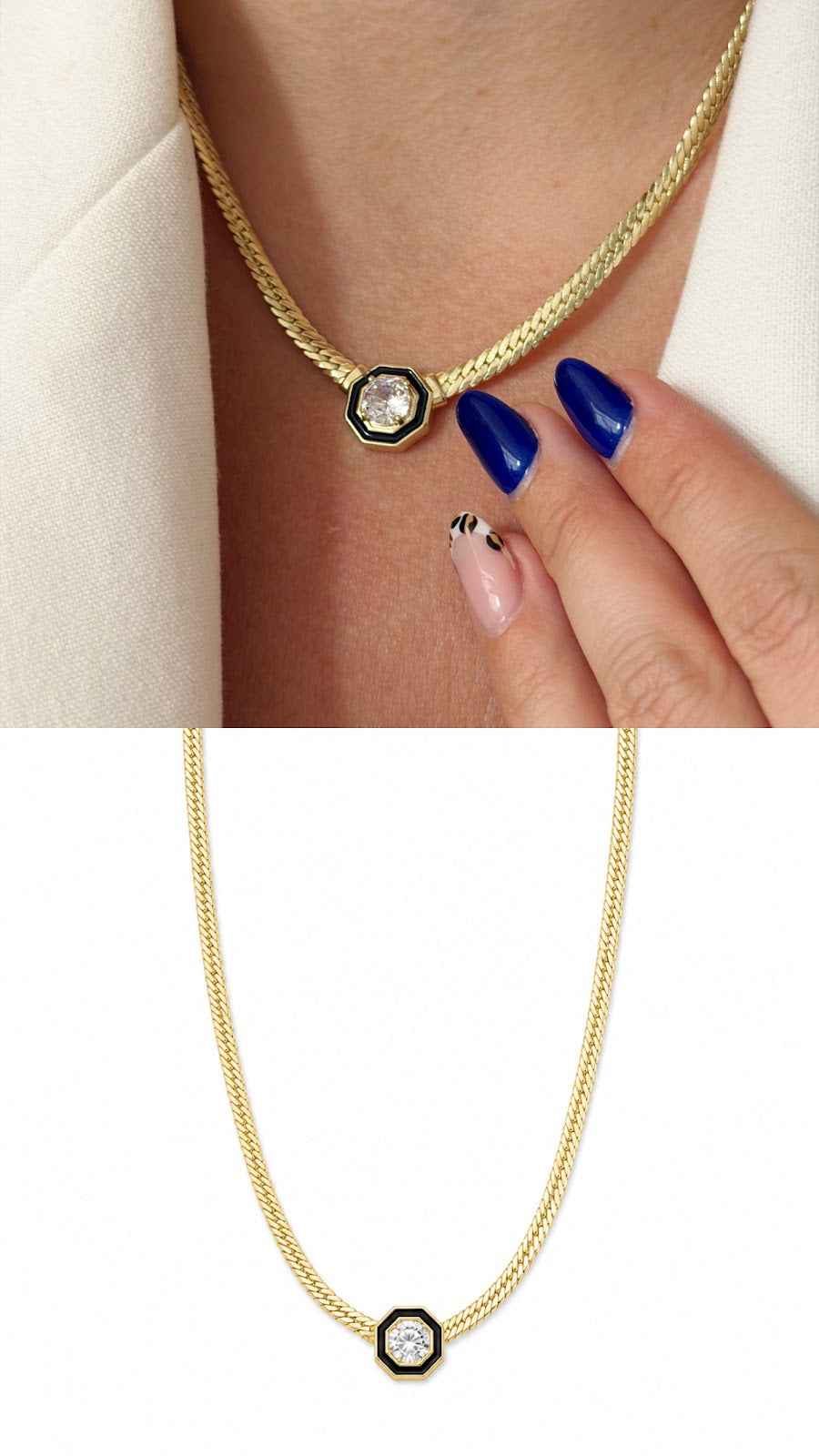 Gold Black Enamel Octagon CZ Solitaire Herringbone Necklace - CW1NKL0065 | Wholesale Stainless Steel Jewelry Catwalk Jewellery Europe