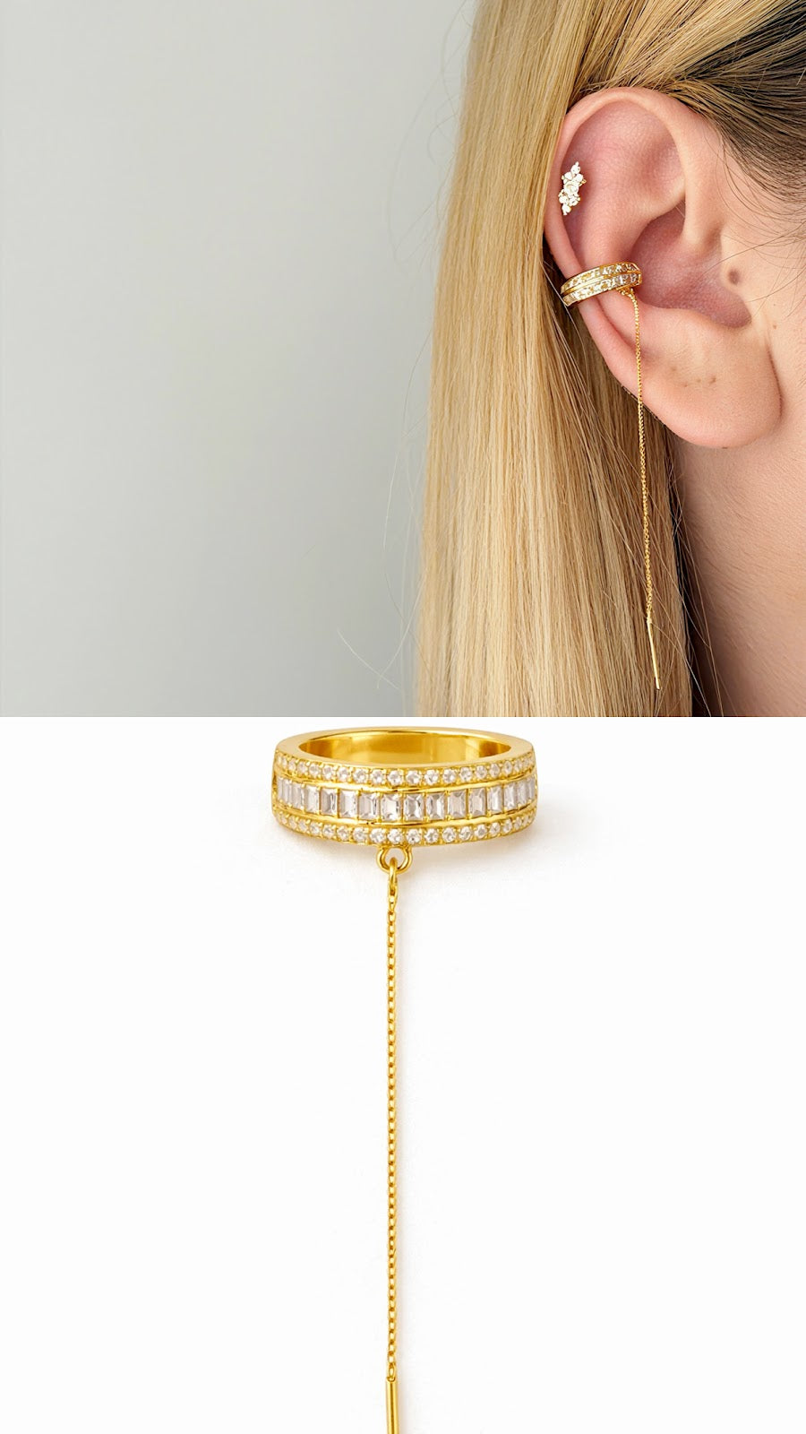 Gold Baguette CZ And Pave Border Long Chain Dangle Ear Cuff - CW1EARCUFF00105 | Wholesale Stainless Steel Jewelry Catwalk Jewellery Europe