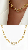 18K Gold Plated Stainless Steel U Link Pave CZ Interlocking Clasp Chain Necklace Wholesale - CW1NKL00184 | Wholesale Stainless Steel Jewelry Catwalk Jewellery Europe