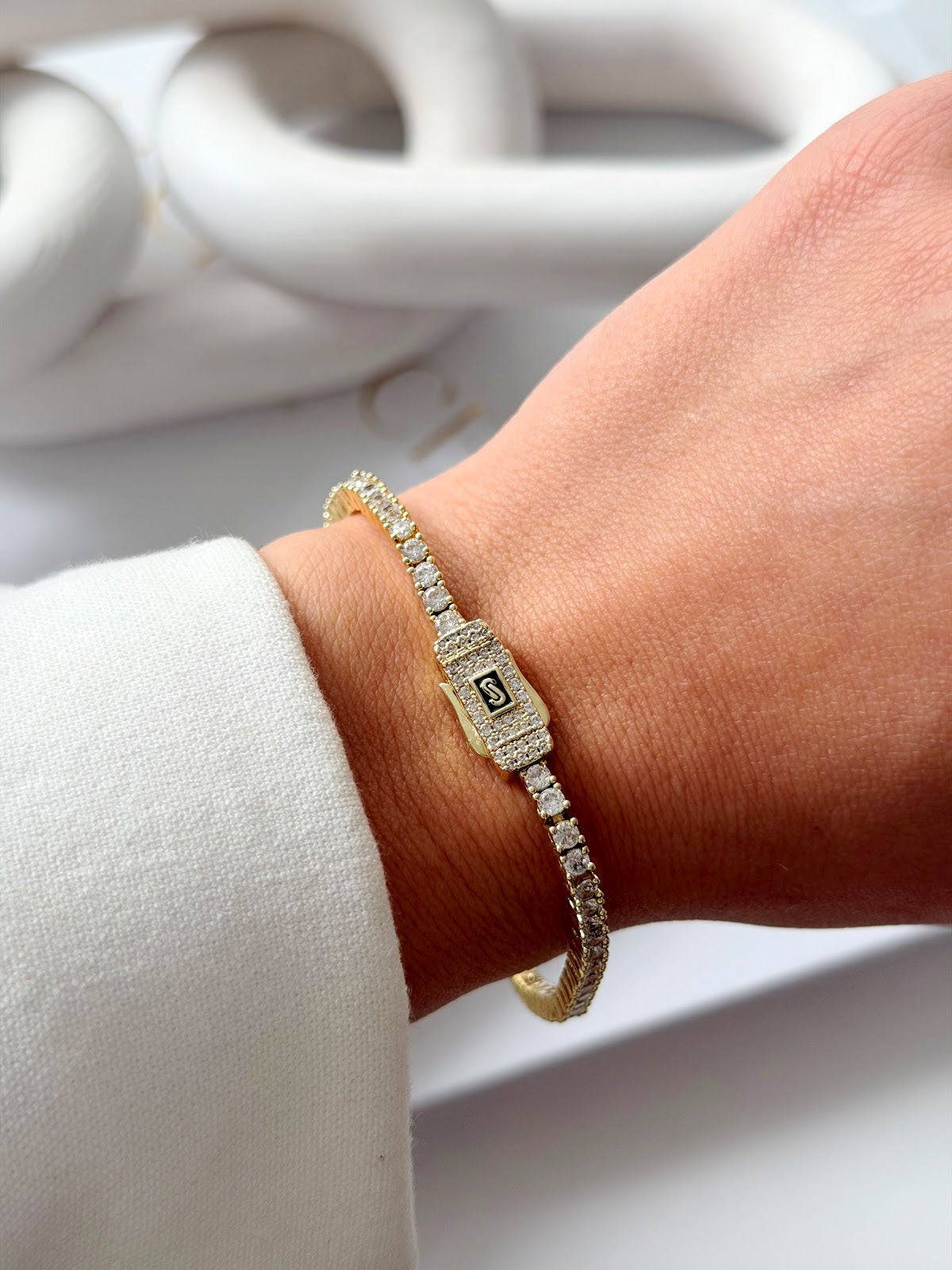 Gold Small Round CZ Tennis Bracelet Pave Buckle Clasp - CW1VPBRCLT00192 | Wholesale Stainless Steel Jewelry Catwalk Jewellery Europe