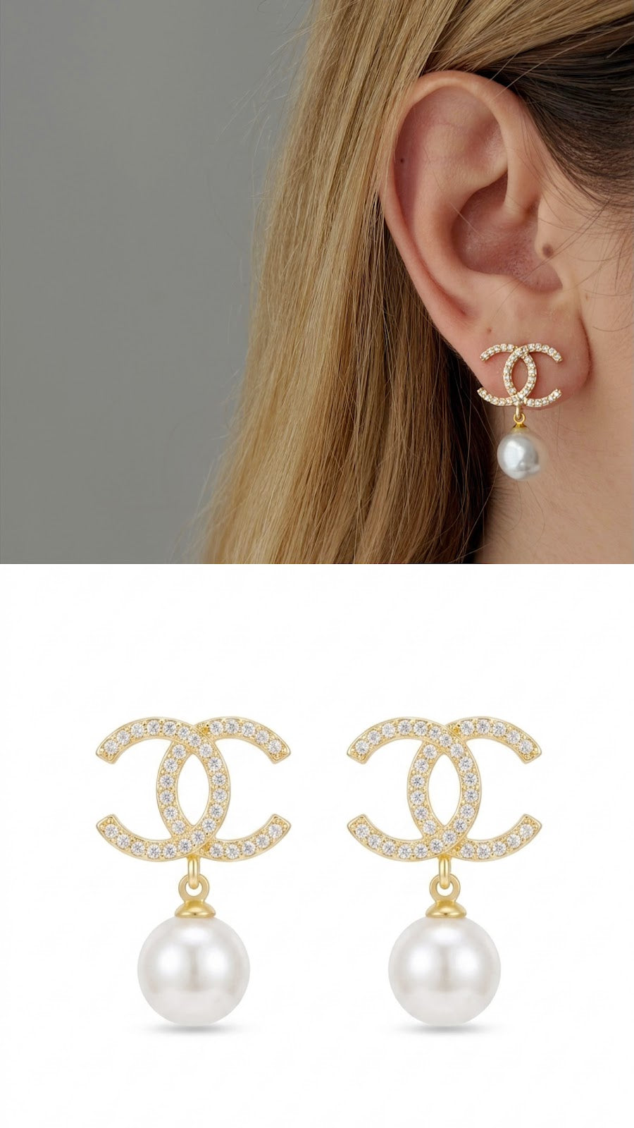 18K Gold Plated Stainless Steel Pave CZ Interlocking C Pearl Drop Stud Earrings Wholesale - CW1VPEARNG00334 | Wholesale Stainless Steel Jewelry Catwalk Jewellery Europe