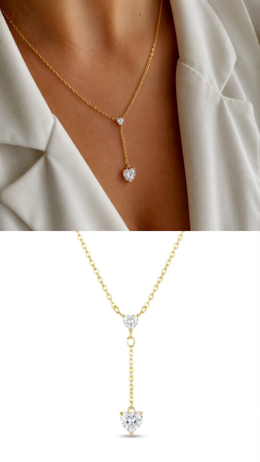 18K Gold Plated Stainless Steel Pave CZ Double Heart Y Necklace Wholesale - CW1NKL00153 | Wholesale Stainless Steel Jewelry Catwalk Jewellery Europe