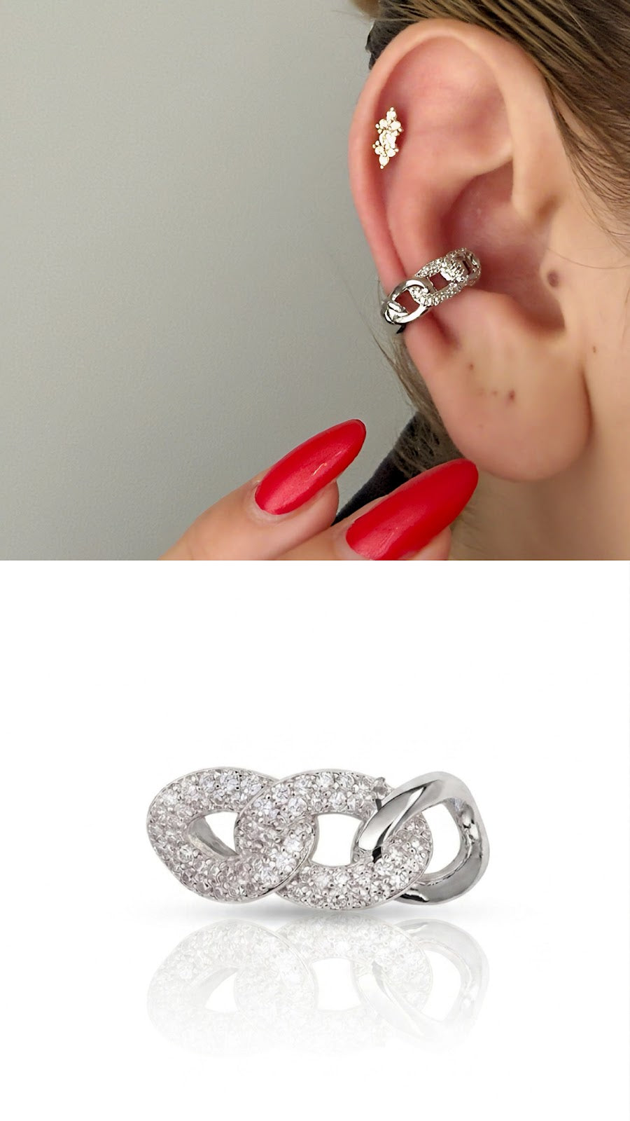 Silver CZ Pave Thick Dome Hoop Ear Cuff Alternate Angle - CW1EARCUFF00119 | Wholesale Stainless Steel Jewelry Catwalk Jewellery Europe