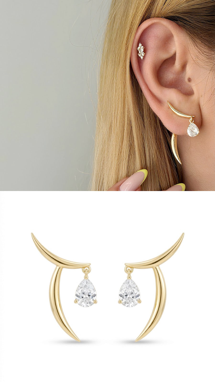 18K Gold Plated Stainless Steel Crescent Horn Pear Cut CZ Drop Stud Earrings Wholesale - CW1VPEARNG00339 | Wholesale Stainless Steel Jewelry Catwalk Jewellery Europe