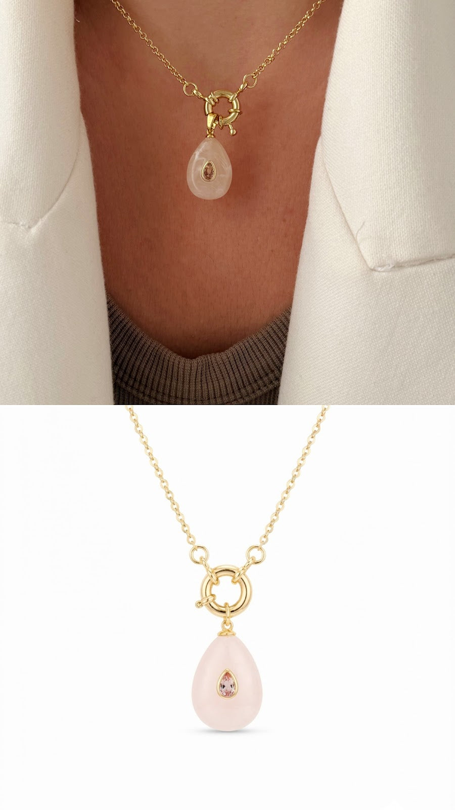 Gold Rose Quartz Teardrop CZ Spring Ring Necklace - CW1NKL0070 | Wholesale Stainless Steel Jewelry Catwalk Jewellery Europe