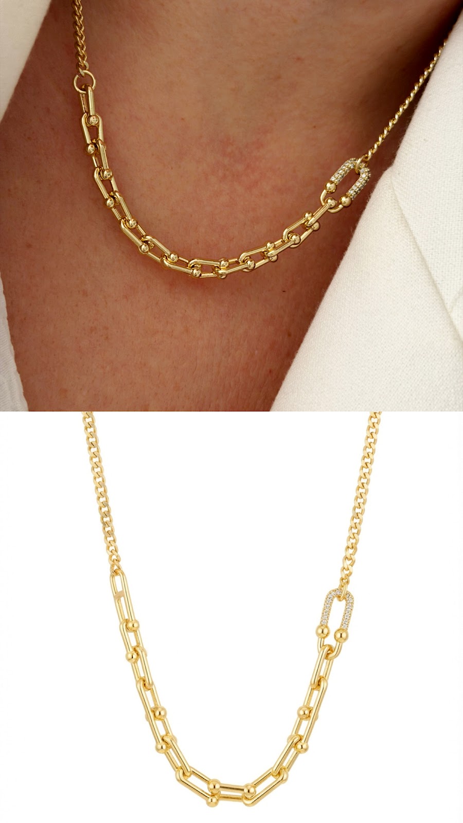 18K Gold Plated Stainless Steel Asymmetric U Link Pave CZ Chain Necklace Wholesale - CW1NKL00180 | Wholesale Stainless Steel Jewelry Catwalk Jewellery Europe