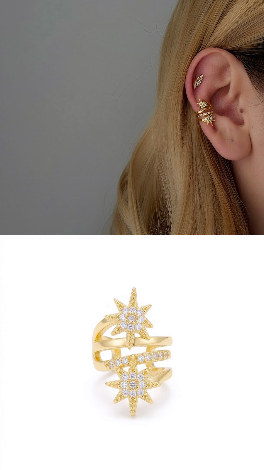 Gold CZ Pave Double Starburst Triple Band Ear Cuff - CW1EARCUFF0068 | Wholesale Stainless Steel Jewelry Catwalk Jewellery Europe