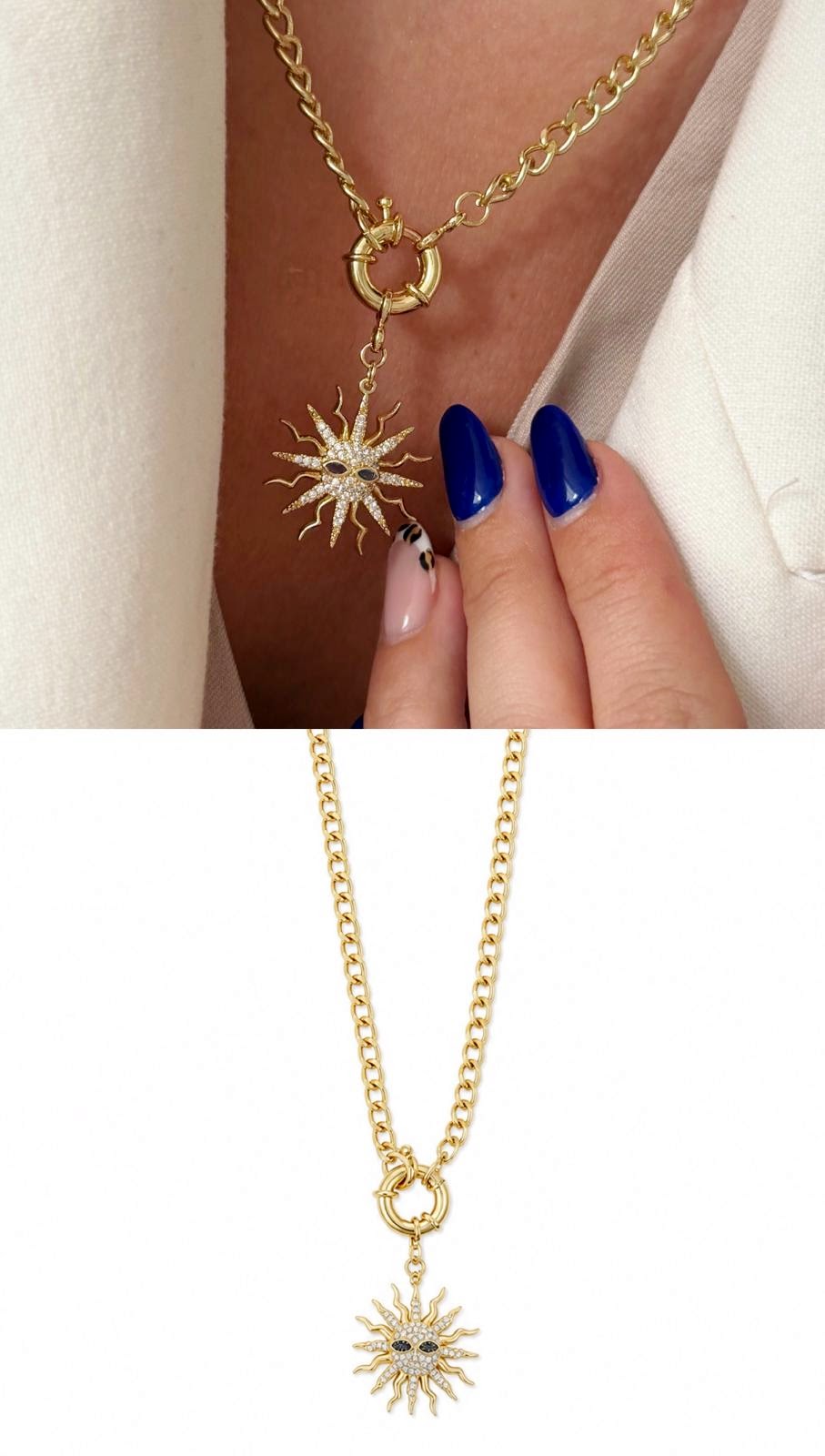 Gold CZ Pave Sunburst Celestial Face Spring Ring Necklace - CW1NKL0079 | Wholesale Stainless Steel Jewelry Catwalk Jewellery Europe