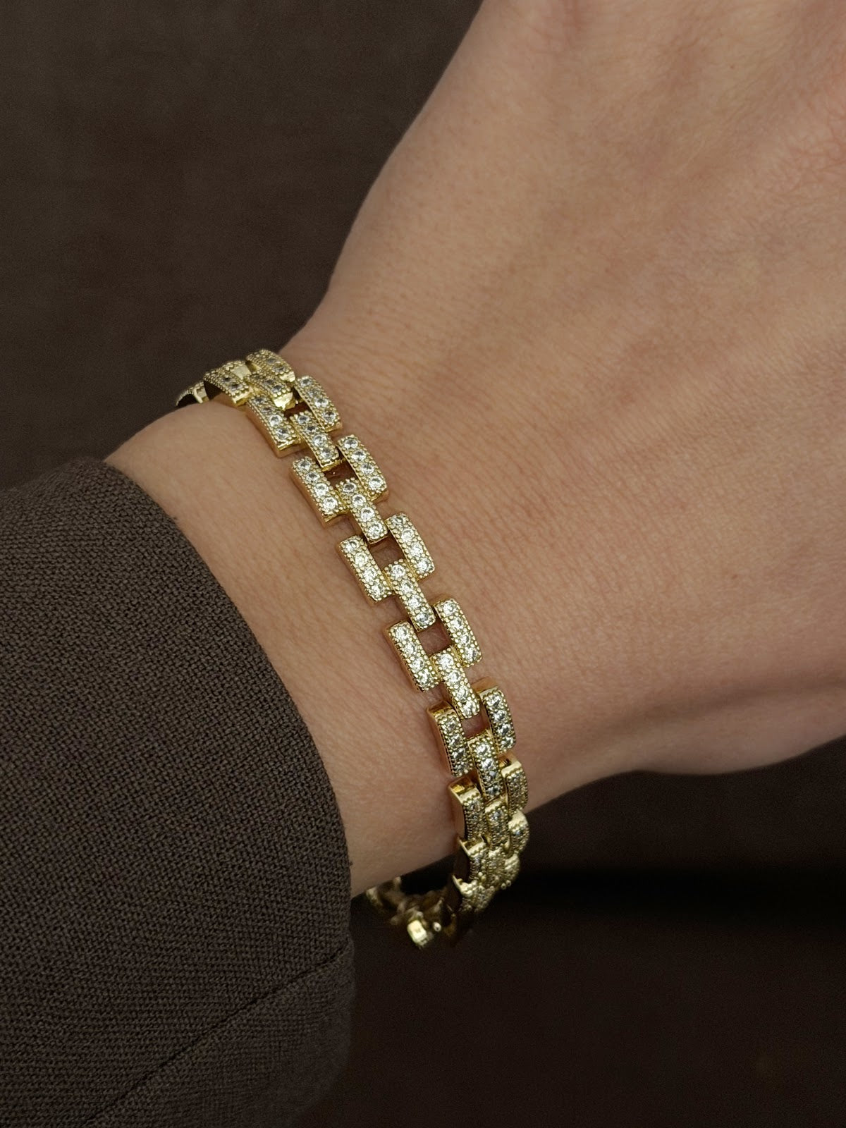 Gold CZ Pave Brick Link Bracelet - CW1VPBRCLT00127 | Wholesale Stainless Steel Jewelry Catwalk Jewellery Europe