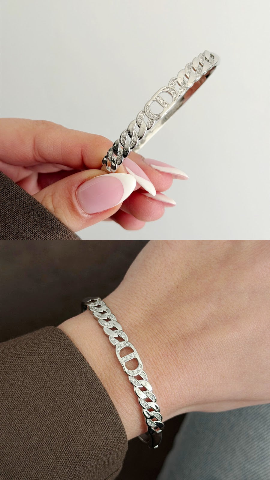 Silver CZ Pave Cd Logo Curb Chain Hinged Cuff Bangle - CW1CUFF006 | Wholesale Stainless Steel Jewelry Catwalk Jewellery Europe