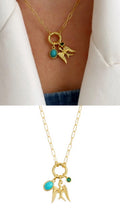 Gold Turquoise Stone Swallow Bird CZ Charm Paperclip Chain Necklace - CW1NKL0078 | Wholesale Stainless Steel Jewelry Catwalk Jewellery Europe