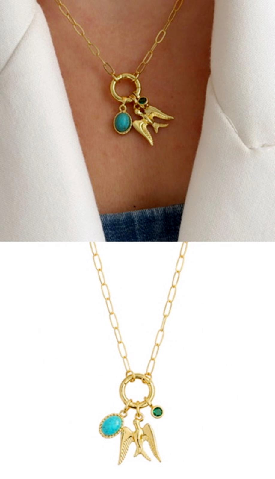 Gold Turquoise Stone Swallow Bird CZ Charm Paperclip Chain Necklace - CW1NKL0078 | Wholesale Stainless Steel Jewelry Catwalk Jewellery Europe