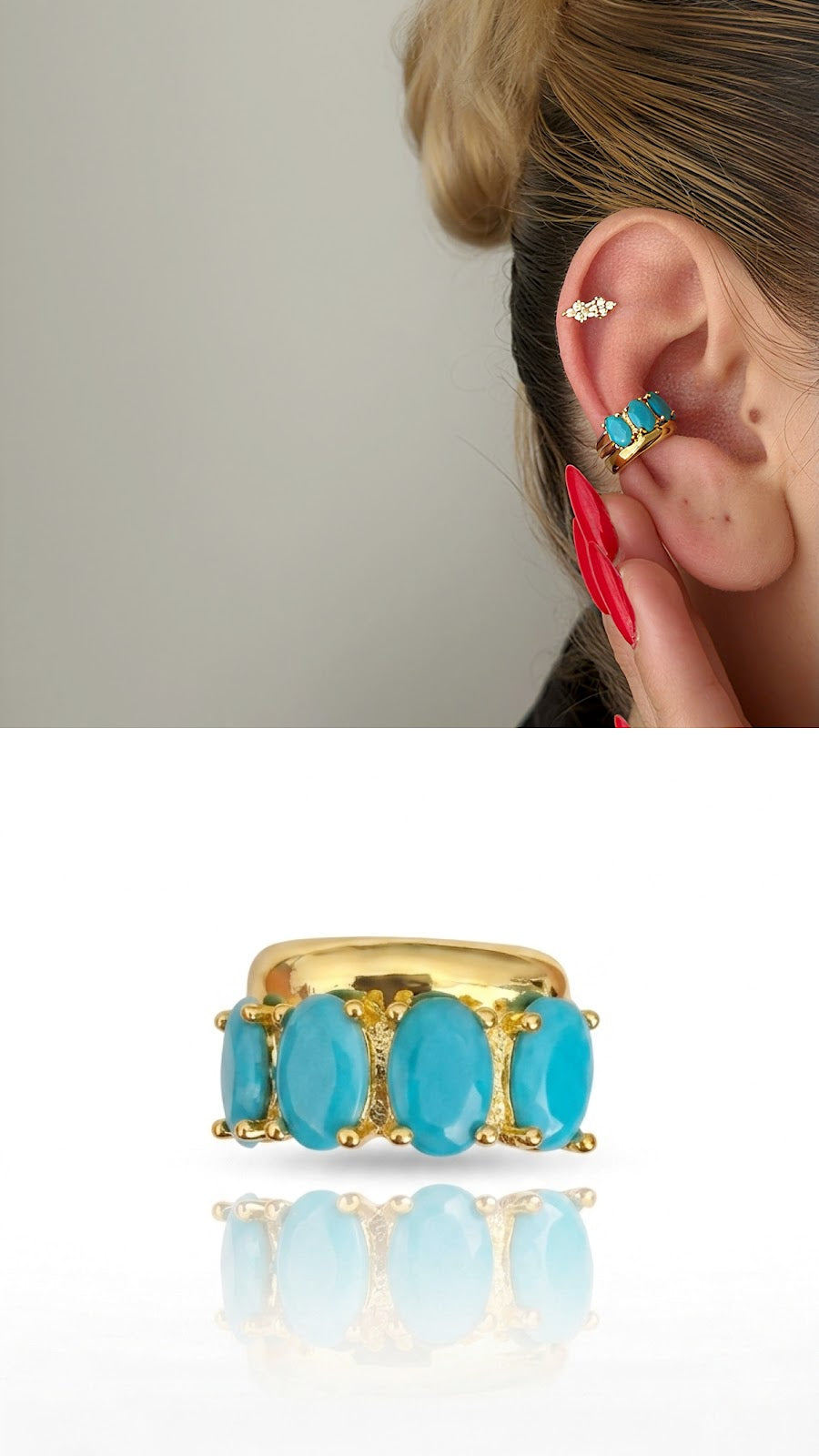 Gold Turquoise Cabochon Stone Wide Ear Cuff - CW1EARCUFF00117 | Wholesale Stainless Steel Jewelry Catwalk Jewellery Europe
