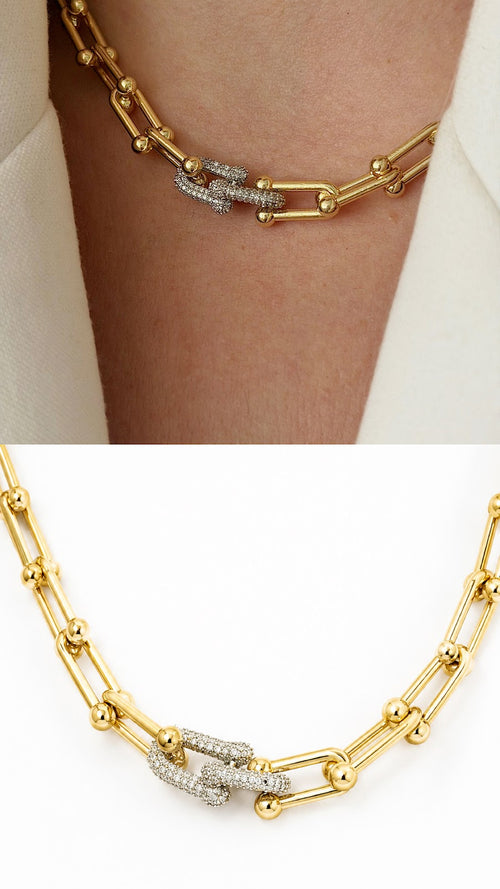 18K Gold Plated Stainless Steel U Link Pave CZ Center Clasp Chain Necklace Wholesale - CW1NKL00185 | Wholesale Stainless Steel Jewelry Catwalk Jewellery Europe