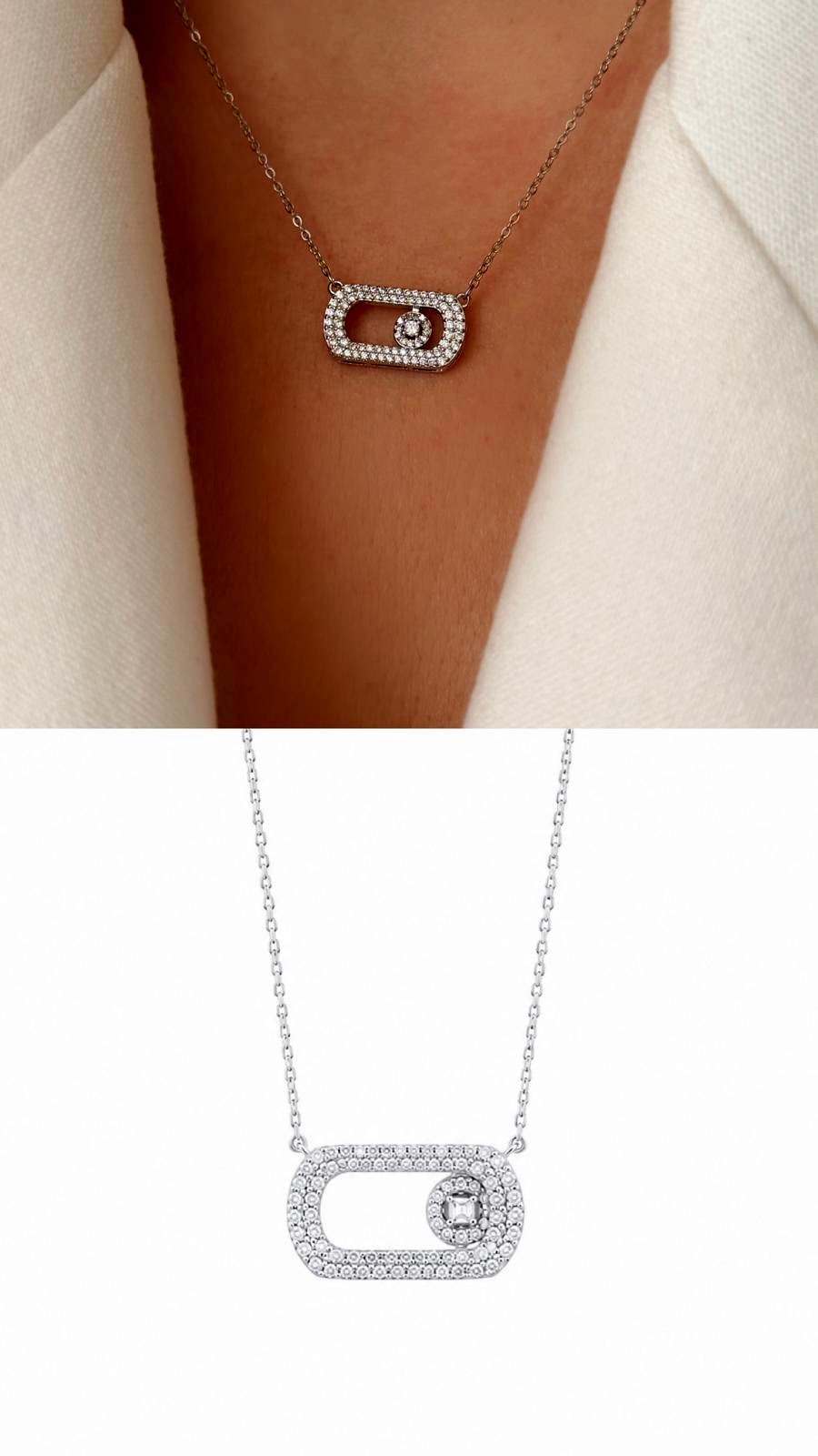 Silver CZ Pave Horizontal Oval Move Motif Pendant Necklace - CW1NKL0052 | Wholesale Stainless Steel Jewelry Catwalk Jewellery Europe