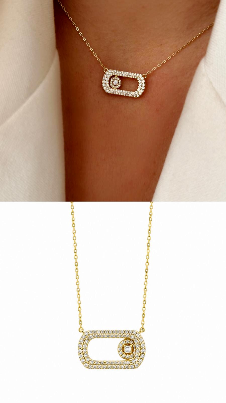 Gold CZ Pave Horizontal Oval Move Motif Pendant Necklace - CW1NKL0050 | Wholesale Stainless Steel Jewelry Catwalk Jewellery Europe