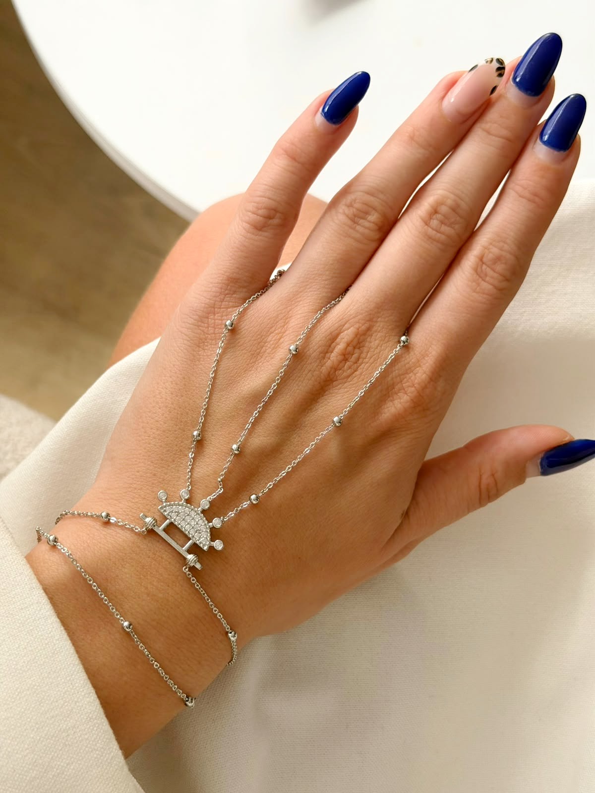 Silver CZ Pave Eyelash Crescent Fan Beaded Station Hand Chain - CW1HANDCHAIN0041 | Wholesale Stainless Steel Jewelry Catwalk Jewellery Europe