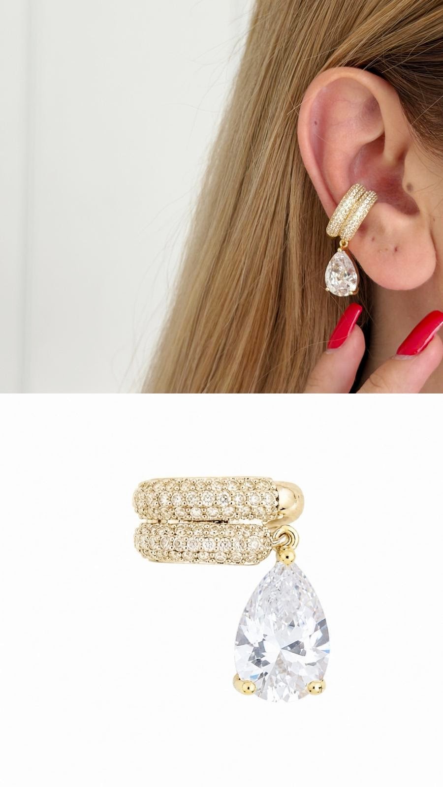 18K Gold Plated Stainless Steel Pave CZ Pear Cut Dangle Ear Cuff Wholesale - CW1EARCUFF00165 | Wholesale Stainless Steel Jewelry Catwalk Jewellery Europe