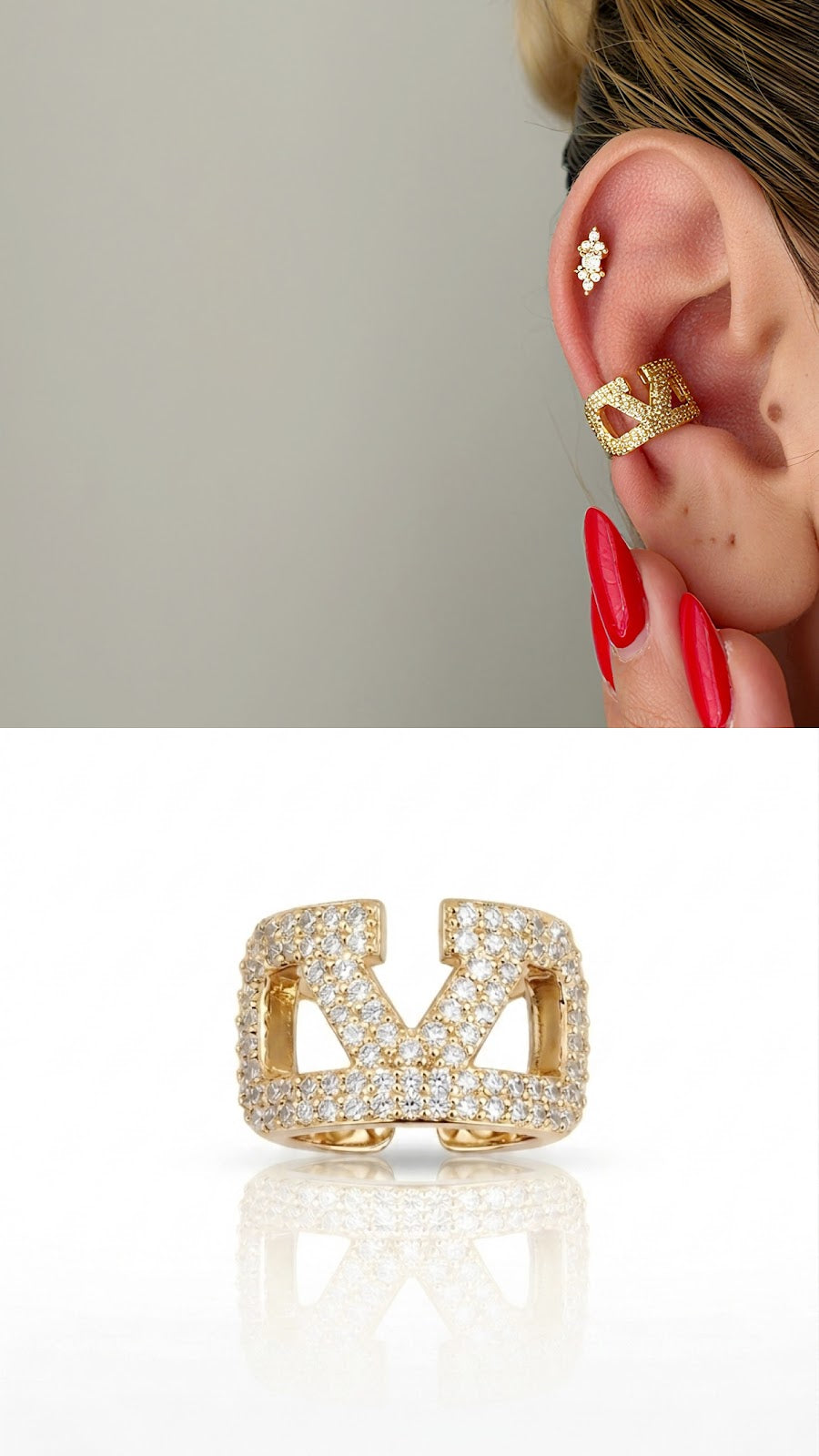 Gold CZ Pave V Logo Wide Statement Ear Cuff - CW1EARCUFF00100 | Wholesale Stainless Steel Jewelry Catwalk Jewellery Europe