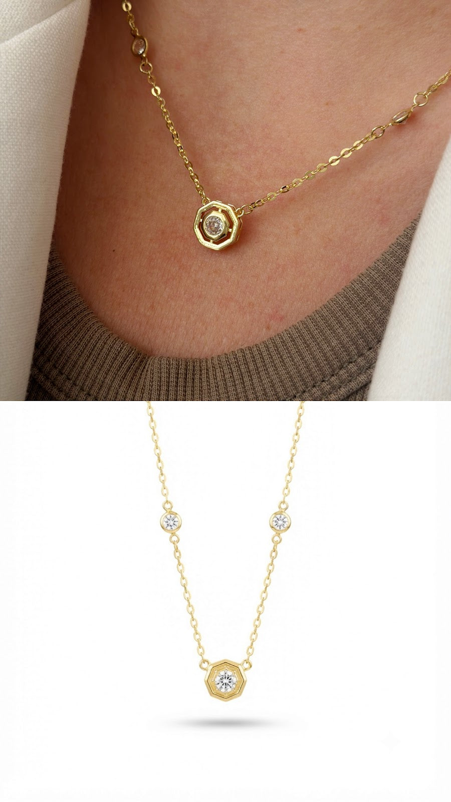 Gold CZ Bezel Octagon Solitaire Station Necklace - CW1NKL0036 | Wholesale Stainless Steel Jewelry Catwalk Jewellery Europe