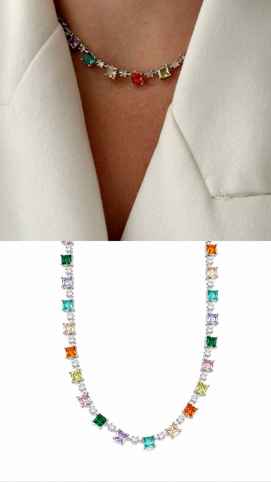 Silver Multicolor CZ Princess Cut Tennis Necklace - CW1NKL00130 | Wholesale Stainless Steel Jewelry Catwalk Jewellery Europe