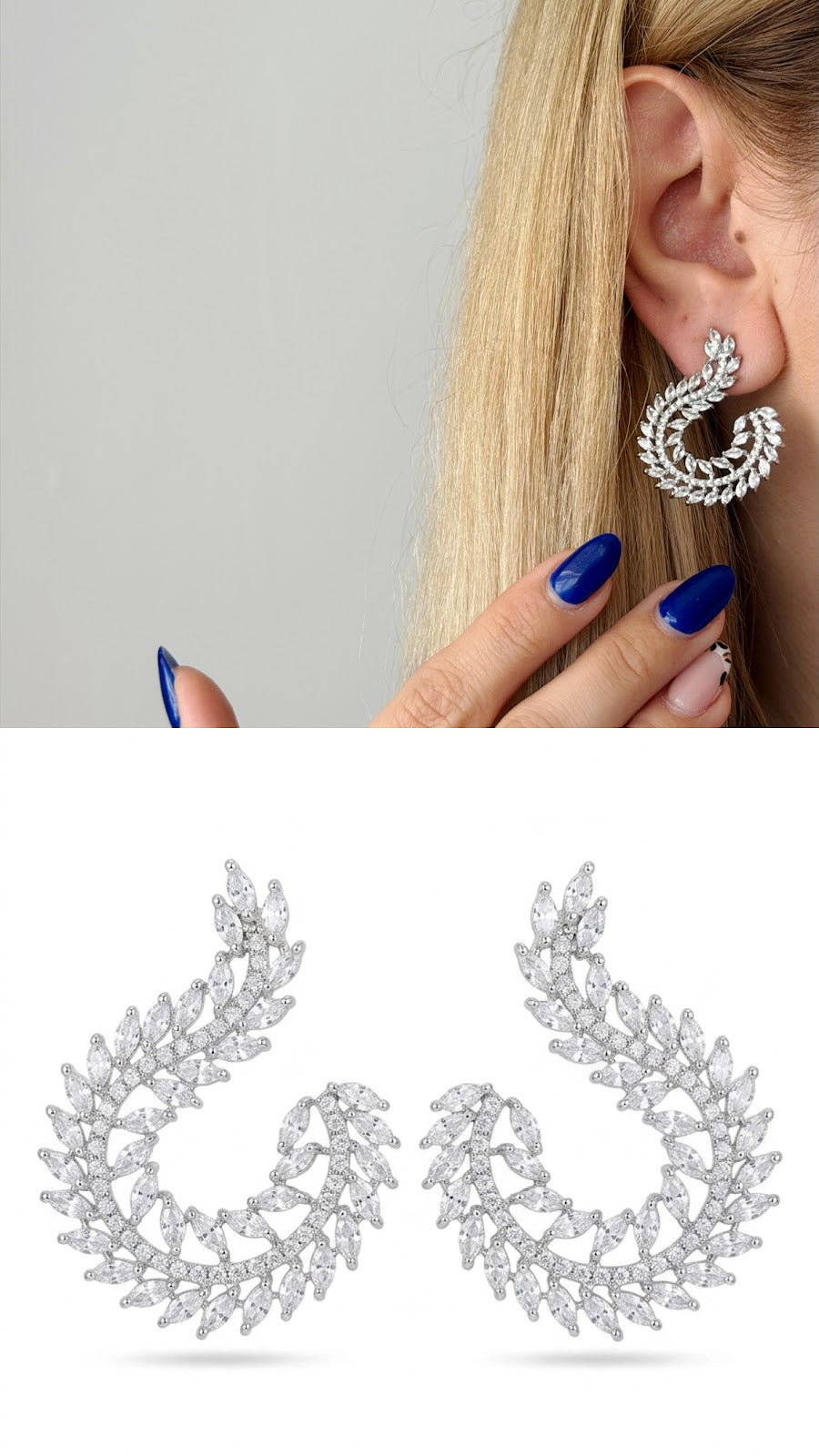 Silver CZ Marquise Leaf Vine Open C Hoop Statement Earrings - CW1STEAR0015 | Wholesale Stainless Steel Jewelry Catwalk Jewellery Europe