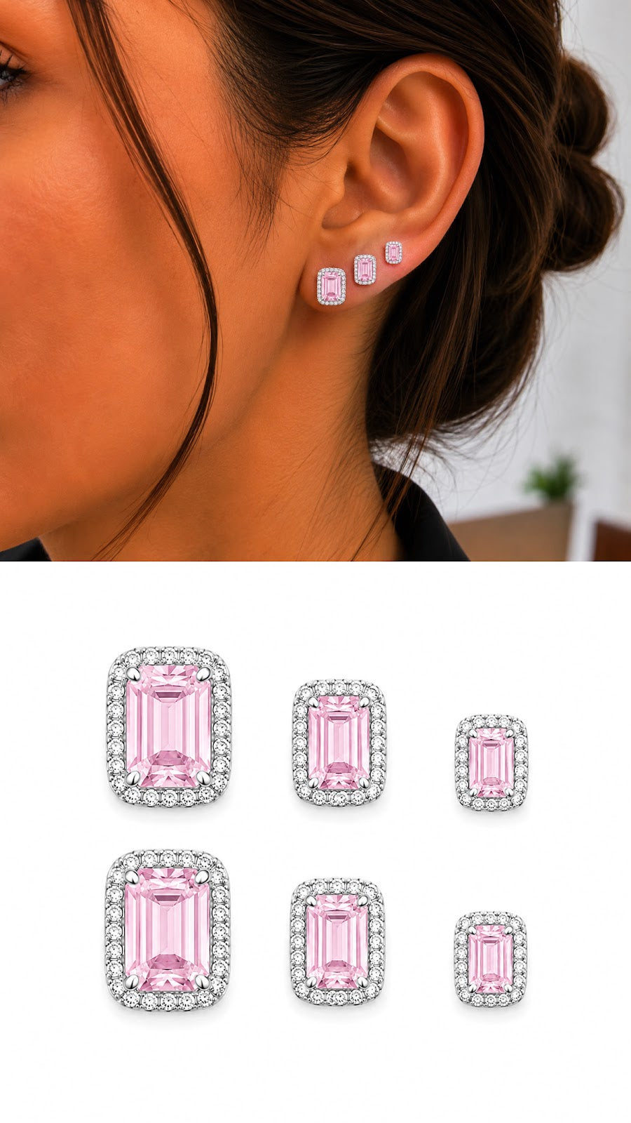 Silver Pink Emerald Cut CZ Halo Graduated Stud Earring Set Of 3 - CW1VPEARNG00283 | Wholesale Stainless Steel Jewelry Catwalk Jewellery Europe