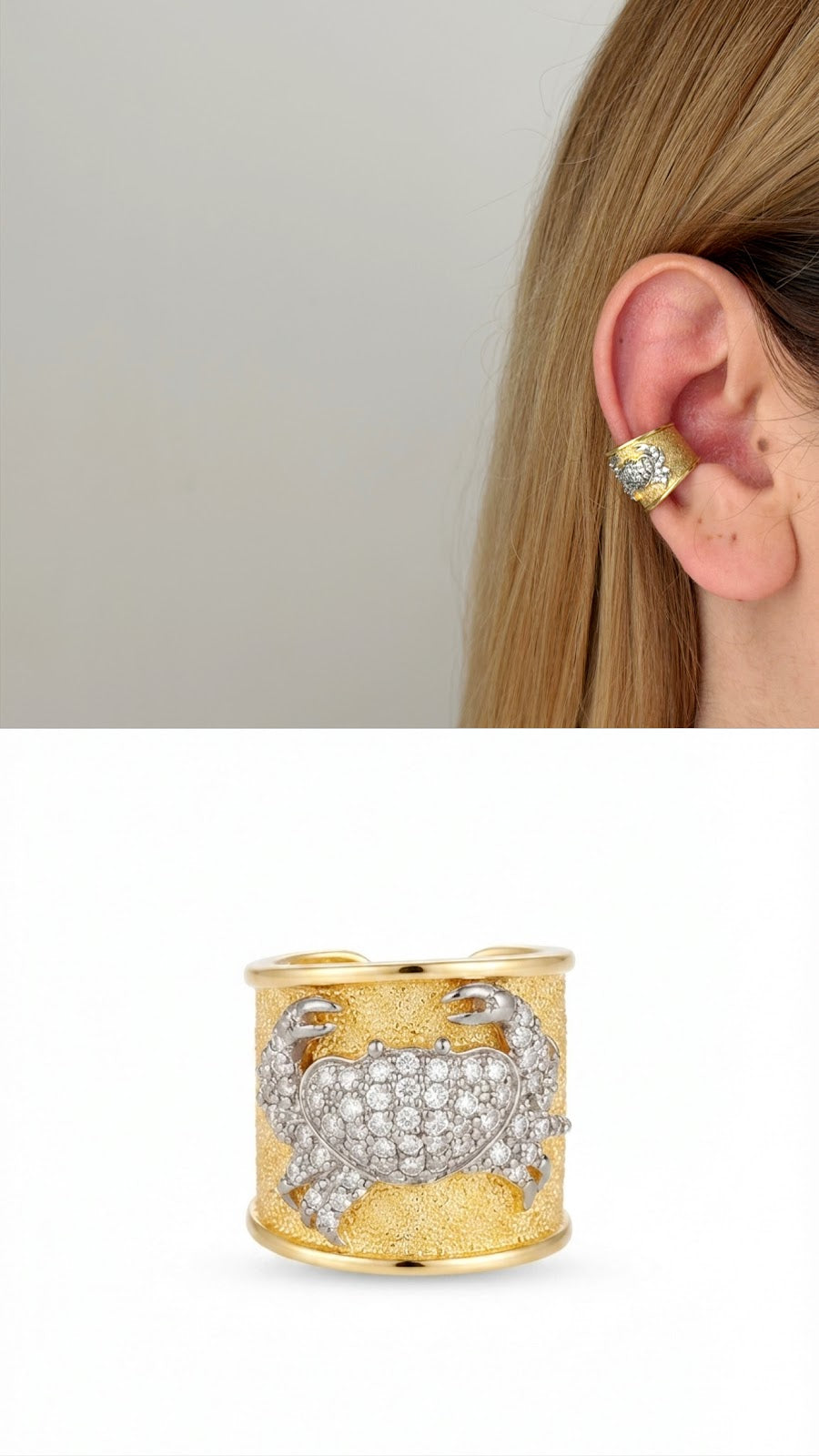 Gold Textured CZ Pave Crab Wide Ear Cuff - CW1EARCUFF00133 | Wholesale Stainless Steel Jewelry Catwalk Jewellery Europe