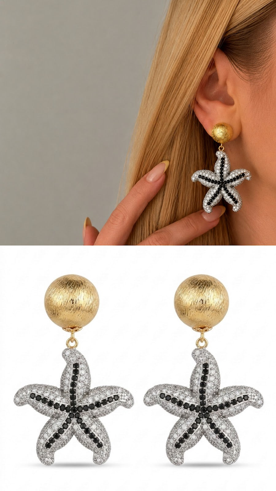 Two Tone Sculptural Starfish Motif CZ Pave Dangle Statement Earrings - CW1VPEARNG00321 | Wholesale Stainless Steel Jewelry Catwalk Jewellery Europe
