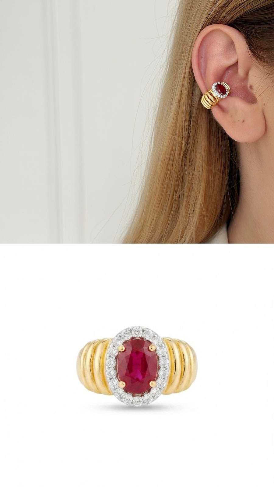 18K Gold Plated Stainless Steel Ruby Red Crystal Pave Halo Ear Cuff Wholesale - CW1EARCUFF00164 | Wholesale Stainless Steel Jewelry Catwalk Jewellery Europe