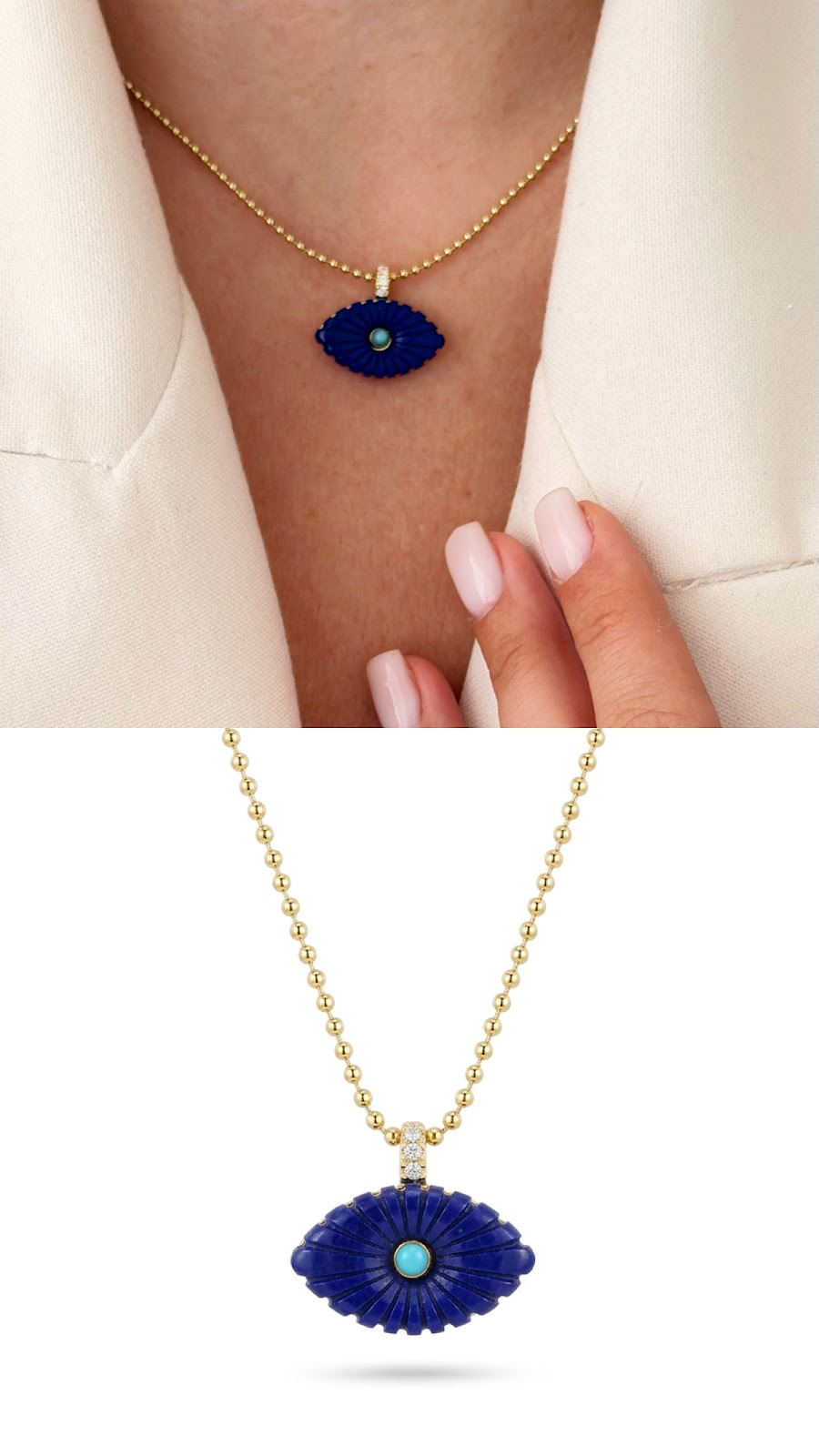 Gold Lapis Blue Carved Evil Eye Pendant Beaded Necklace - CW1NKL0075 | Wholesale Stainless Steel Jewelry Catwalk Jewellery Europe