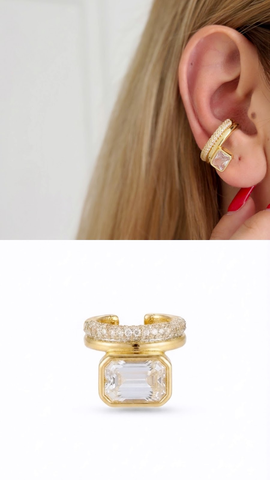 18K Gold Plated Stainless Steel Pave Baguette Cut CZ Ear Cuff Wholesale - CW1EARCUFF00166 | Wholesale Stainless Steel Jewelry Catwalk Jewellery Europe