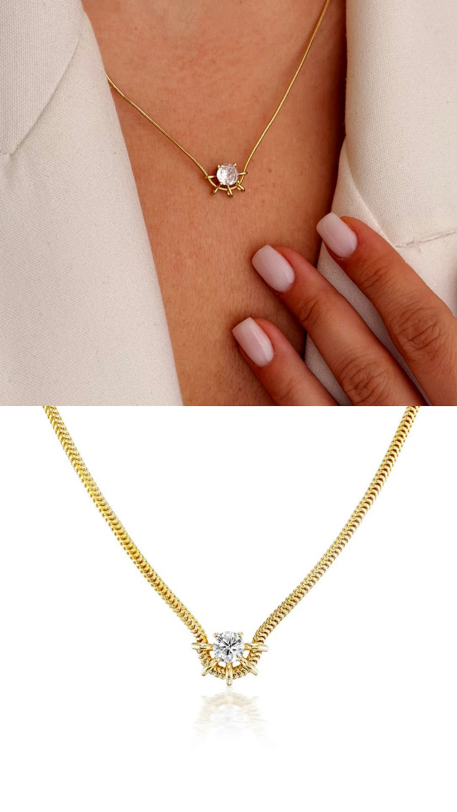 Gold Round Solitaire CZ Sunburst Snake Chain Necklace - CW1NKL0038 | Wholesale Stainless Steel Jewelry Catwalk Jewellery Europe