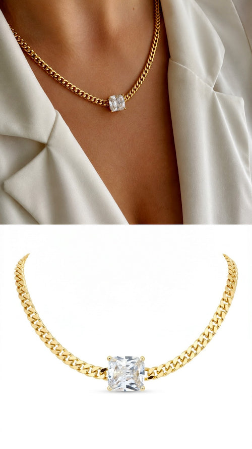 18K Gold Plated Stainless Steel Cushion Cut CZ Pendant Curb Chain Choker Necklace Wholesale - CW1NKL00178 | Wholesale Stainless Steel Jewelry Catwalk Jewellery Europe