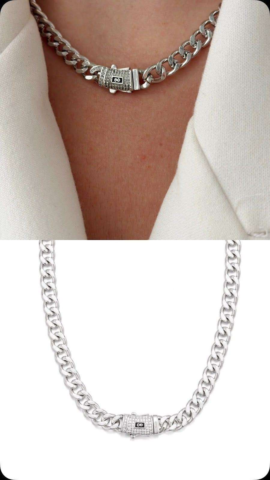 Silver CZ Pave Black Enamel Designer Clasp Curb Chain Necklace - CW1NKL00122 | Wholesale Stainless Steel Jewelry Catwalk Jewellery Europe