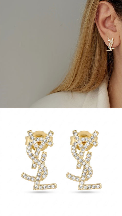 18K Gold Plated Stainless Steel Pave CZ Monogram Letter Stud Earrings Wholesale - CW1VPEARNG00335 | Wholesale Stainless Steel Jewelry Catwalk Jewellery Europe