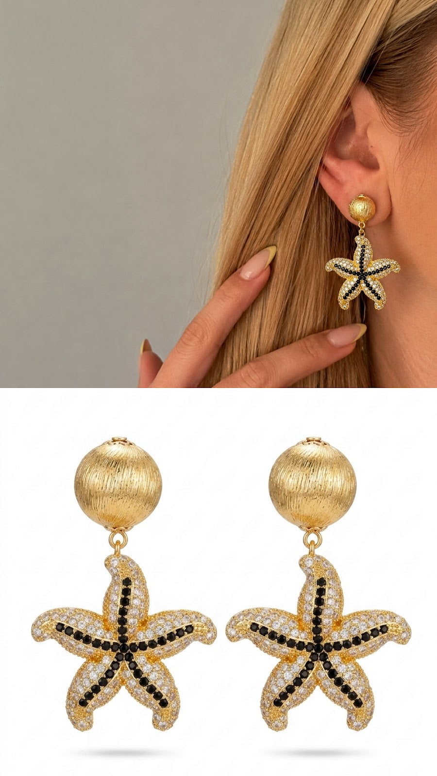 Gold Sculptural Starfish Motif CZ Pave Dangle Statement Earrings - CW1VPEARNG00326 | Wholesale Stainless Steel Jewelry Catwalk Jewellery Europe