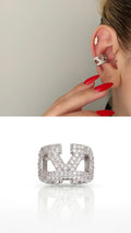 Silver CZ Pave V Logo Wide Statement Ear Cuff - CW1EARCUFF00118 | Wholesale Stainless Steel Jewelry Catwalk Jewellery Europe