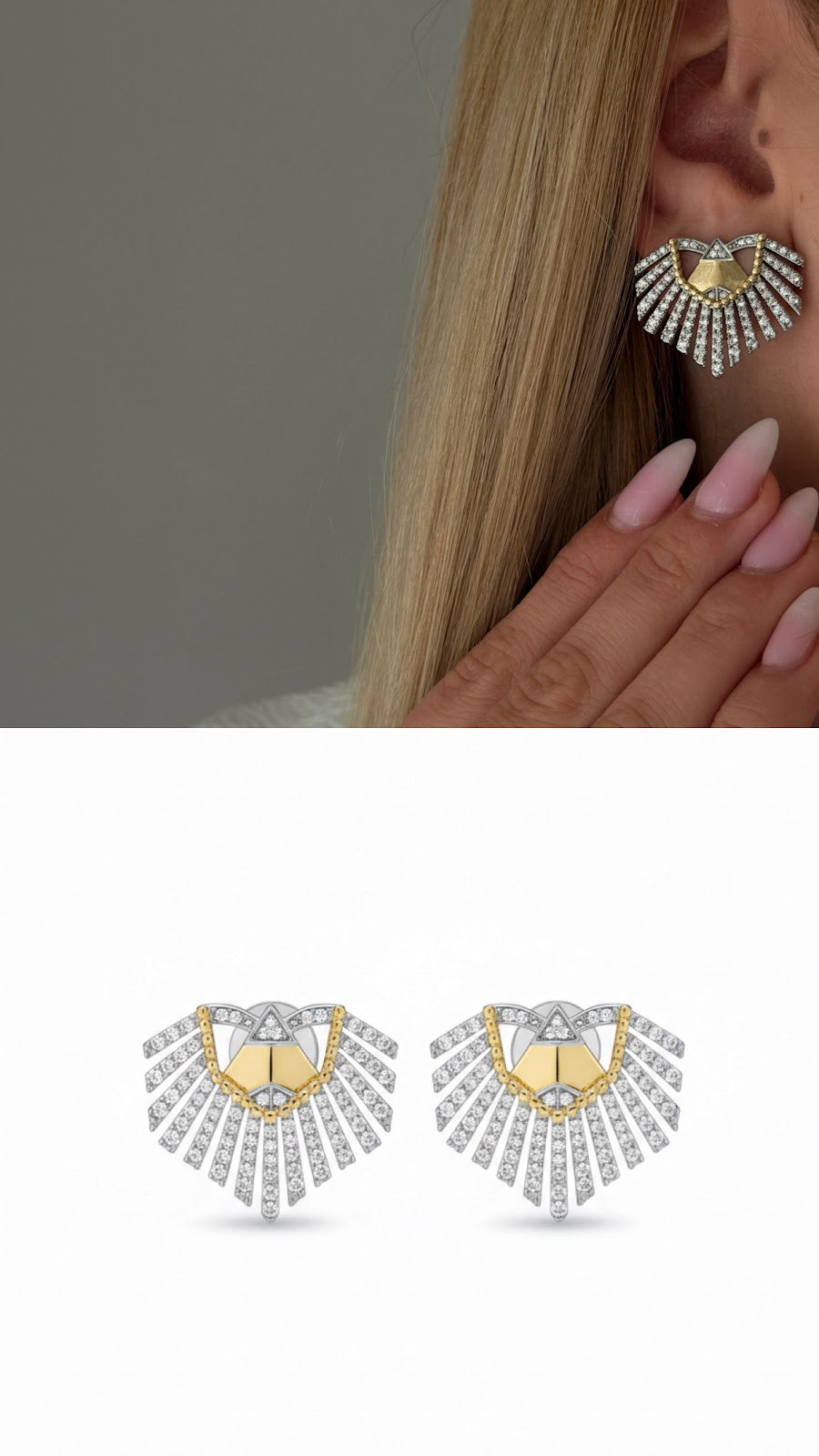 Two Tone Geometric Sunburst Fan CZ Pave Curated Maximalism Statement Earrings - CW1VPEARNG00242 | Wholesale Stainless Steel Jewelry Catwalk Jewellery Europe