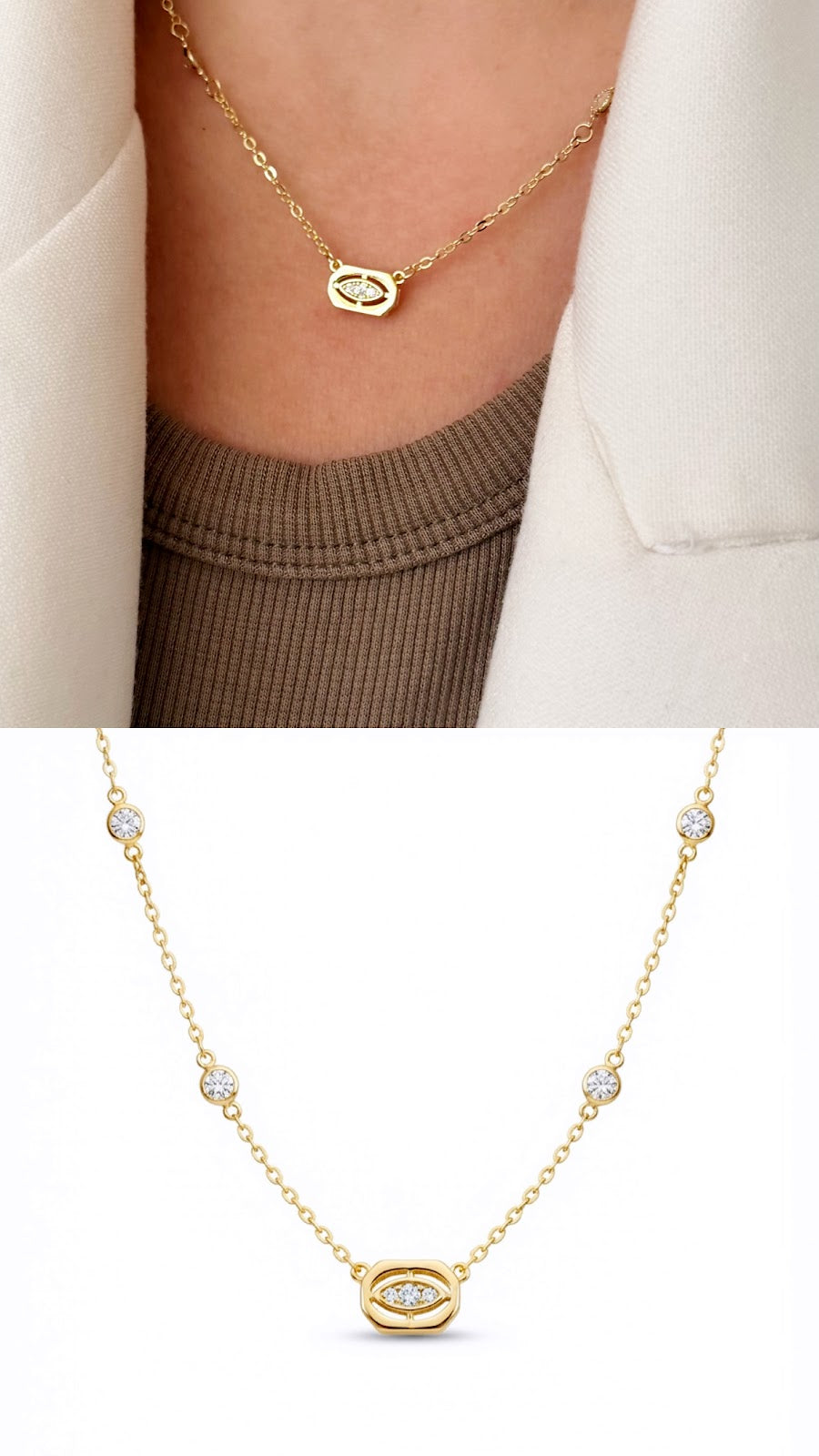 Gold CZ Pave Oval Evil Eye Bezel Station Necklace - CW1NKL0031 | Wholesale Stainless Steel Jewelry Catwalk Jewellery Europe