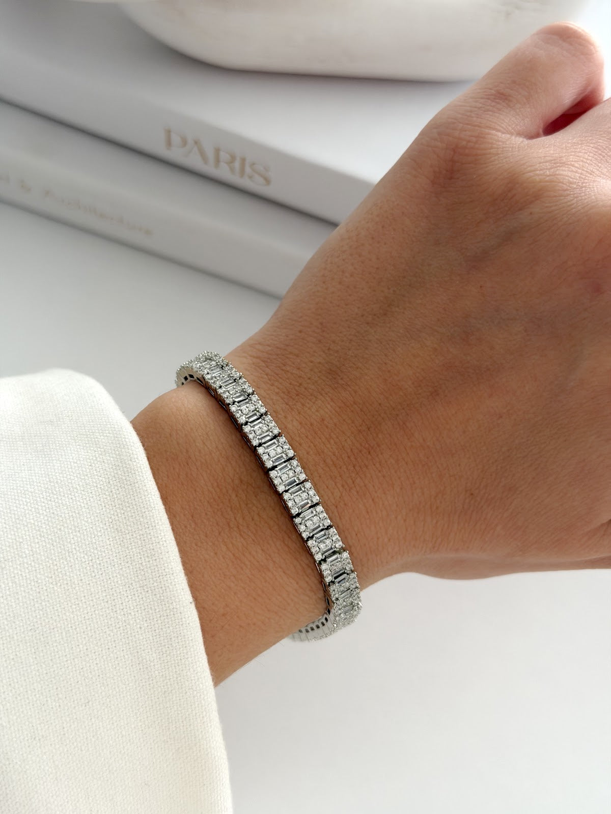 Silver Baguette Cut CZ Halo Tennis Bracelet - CW1VPBRCLT00176 | Wholesale Stainless Steel Jewelry Catwalk Jewellery Europe