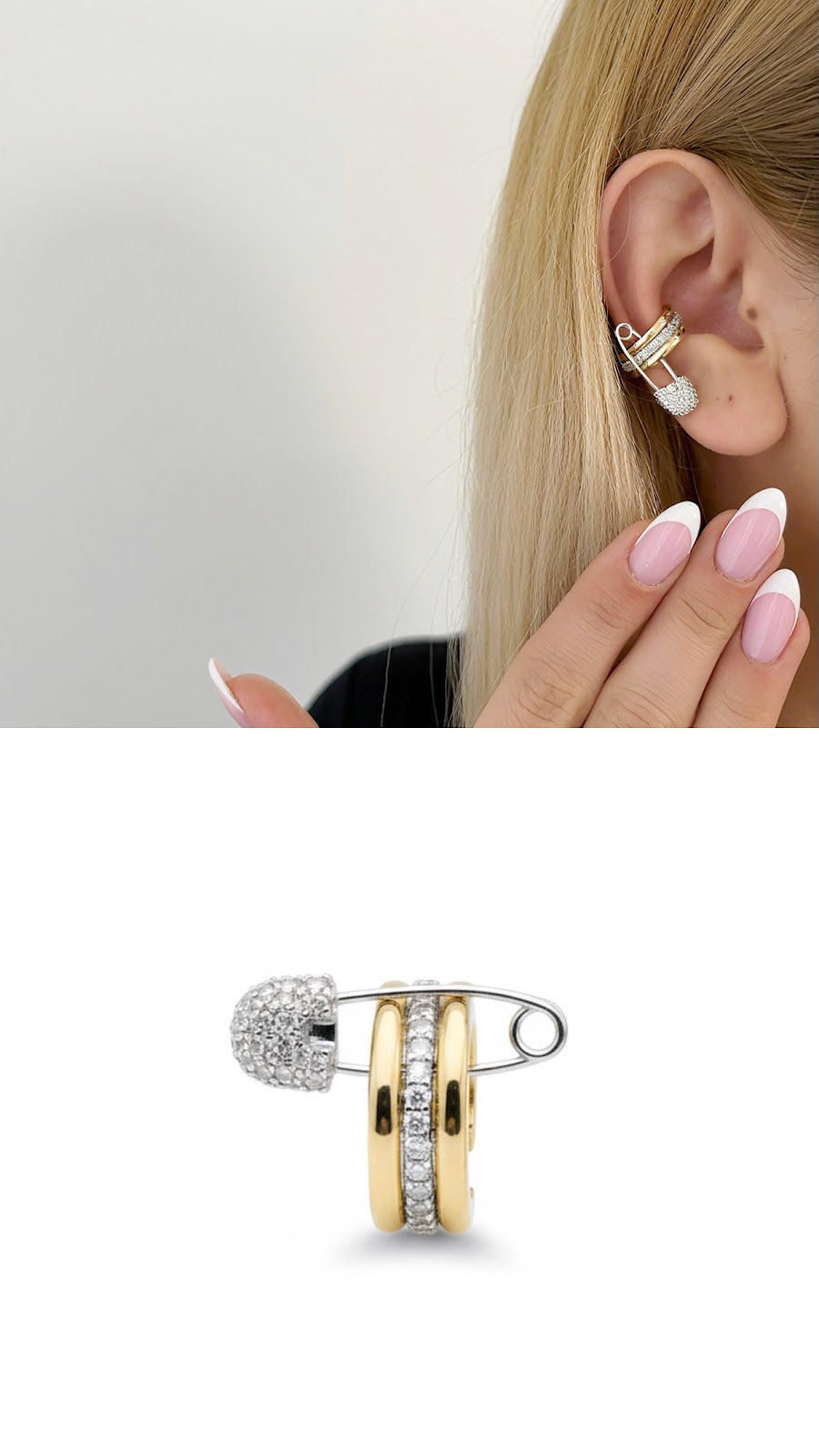 Gold Silver CZ Pave Safety Pin Chunky Triple Band Ear Cuff - CW1EARCUFF00154 | Wholesale Stainless Steel Jewelry Catwalk Jewellery Europe