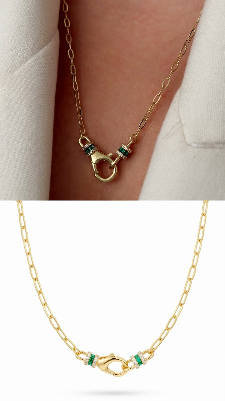 18K Gold Plated Stainless Steel Emerald Green Baguette CZ Front Clasp Paperclip Chain Necklace Wholesale - CW1NKL00176 | Wholesale Stainless Steel Jewelry Catwalk Jewellery Europe