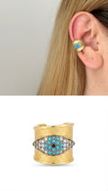 Gold Textured Evil Eye Turquoise CZ Pave Wide Ear Cuff - CW1EARCUFF00131 | Wholesale Stainless Steel Jewelry Catwalk Jewellery Europe